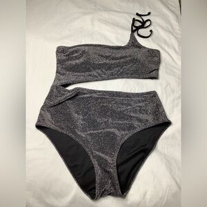 PINK Victoria’s Secret Black and Silver Metallic Shimmery One-Shoulder Swimsuit
